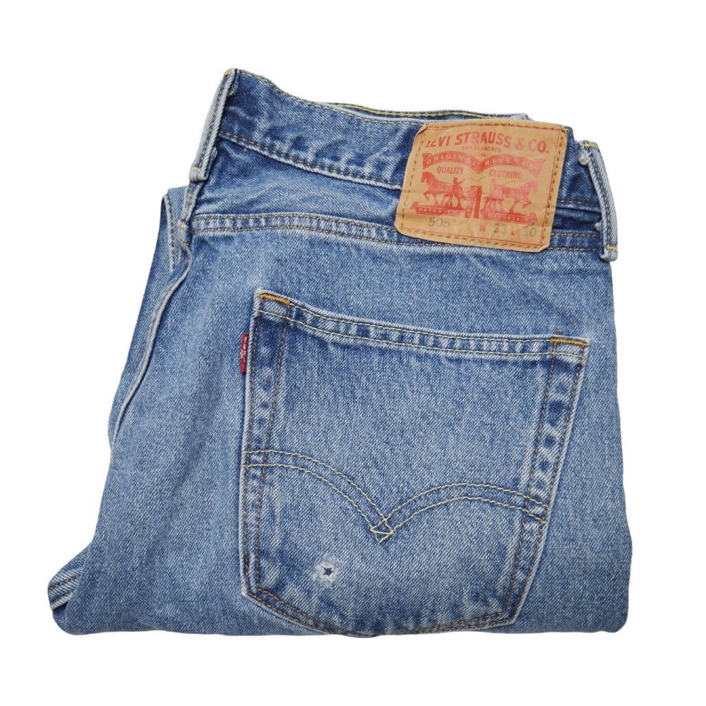 Levis 505 Men's Size 33x30 Distressed Regular Fit Straight Leg Denim Jeans Blue